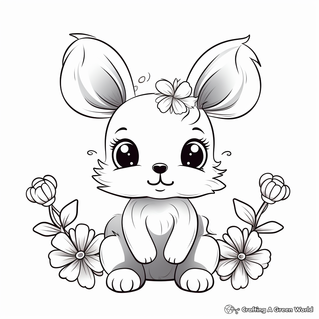 Delicate Floral Kawaii Bunny Coloring Sheets 4