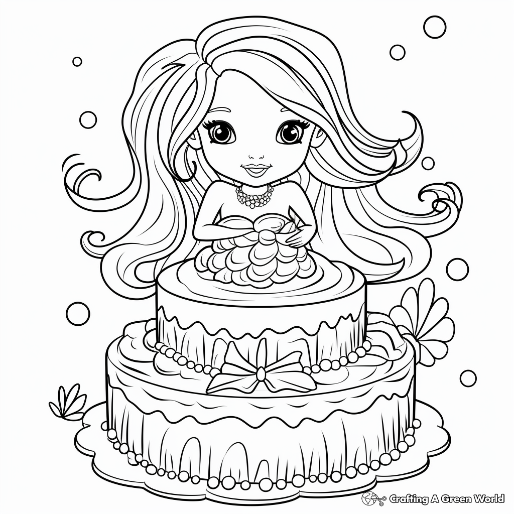 Delicate Mermaid Cake Design Coloring Pages 1