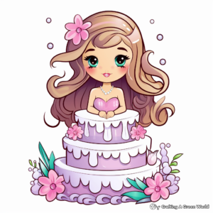 Delicate Mermaid Cake Design Coloring Pages 2