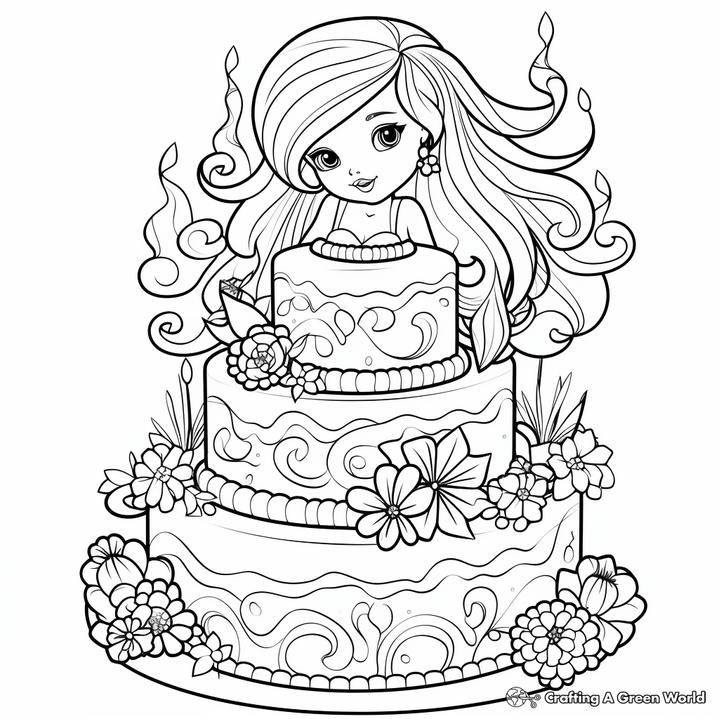 Delicate Mermaid Cake Design Coloring Pages 3