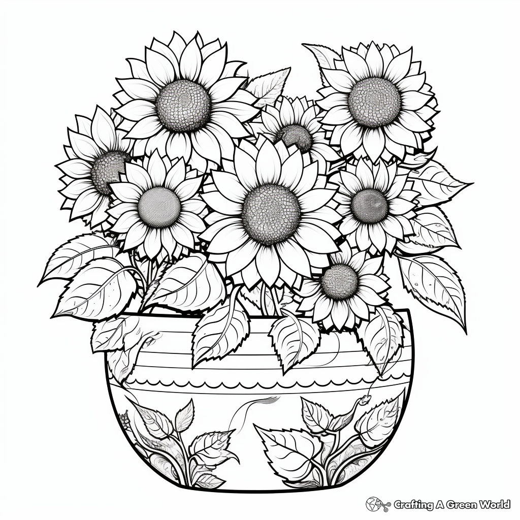 Detailed Adult Sunflower Pot Coloring Pages 1