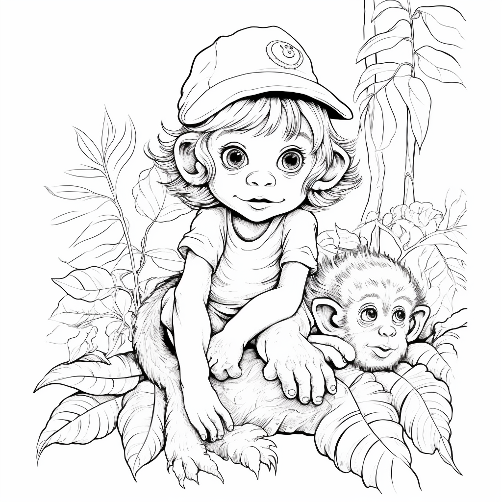 Detailed Baby Girl Monkey in Jungle Coloring Pages 1