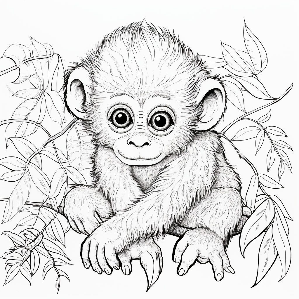Detailed Baby Girl Monkey in Jungle Coloring Pages 2