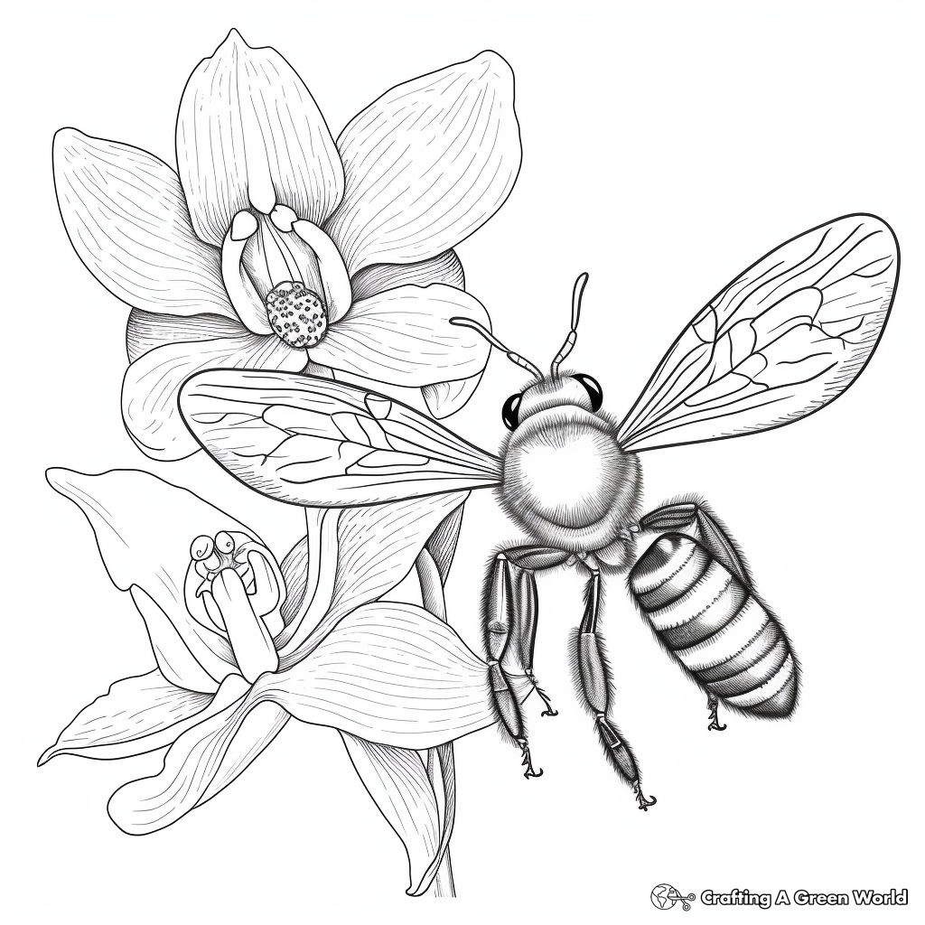 Detailed Blue Banded Bee and Orchid Coloring Pages For Adults 1
