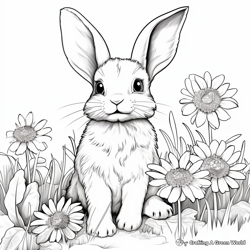 Detailed Bunny and Daisy Coloring Pages for Adults 1