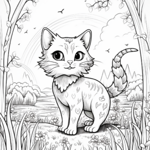 Detailed Cat and Rainbow Scene Coloring Pages for Adults 1