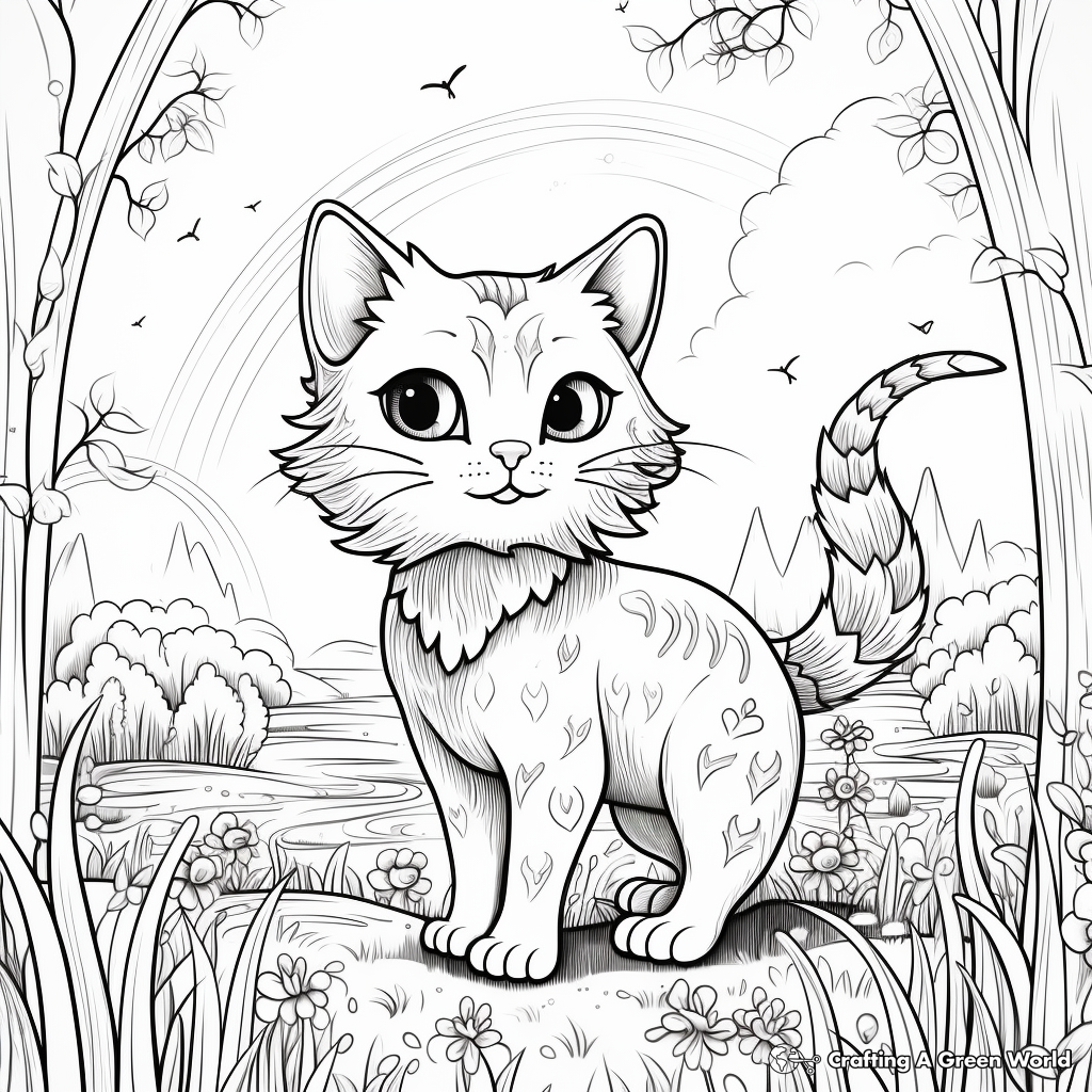 Detailed Cat and Rainbow Scene Coloring Pages for Adults 1