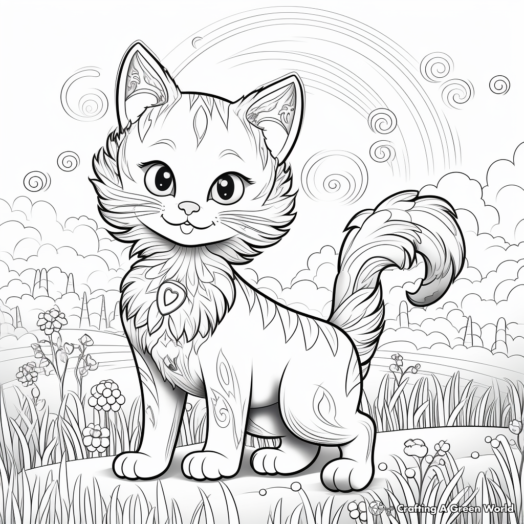 Detailed Cat and Rainbow Scene Coloring Pages for Adults 2