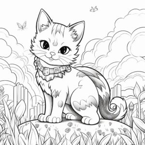 Detailed Cat and Rainbow Scene Coloring Pages for Adults 3