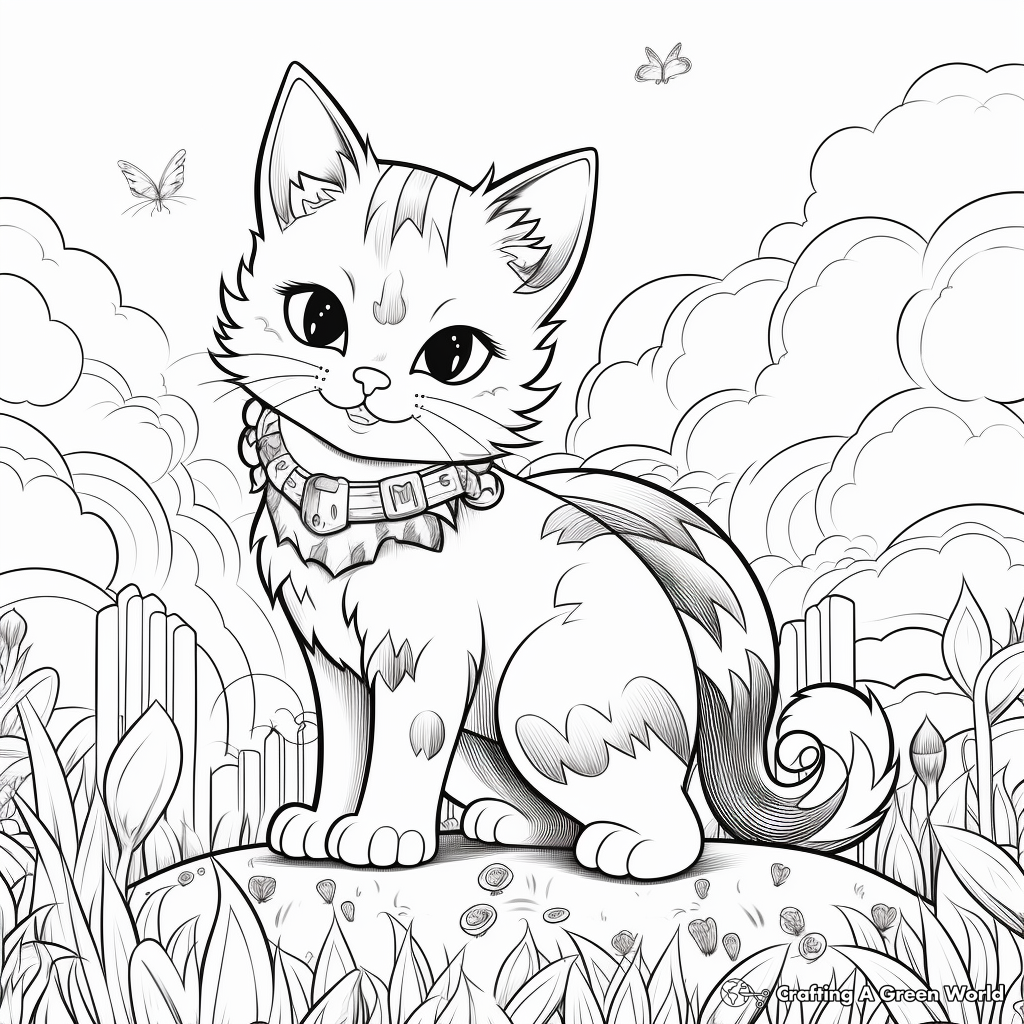 Detailed Cat and Rainbow Scene Coloring Pages for Adults 3