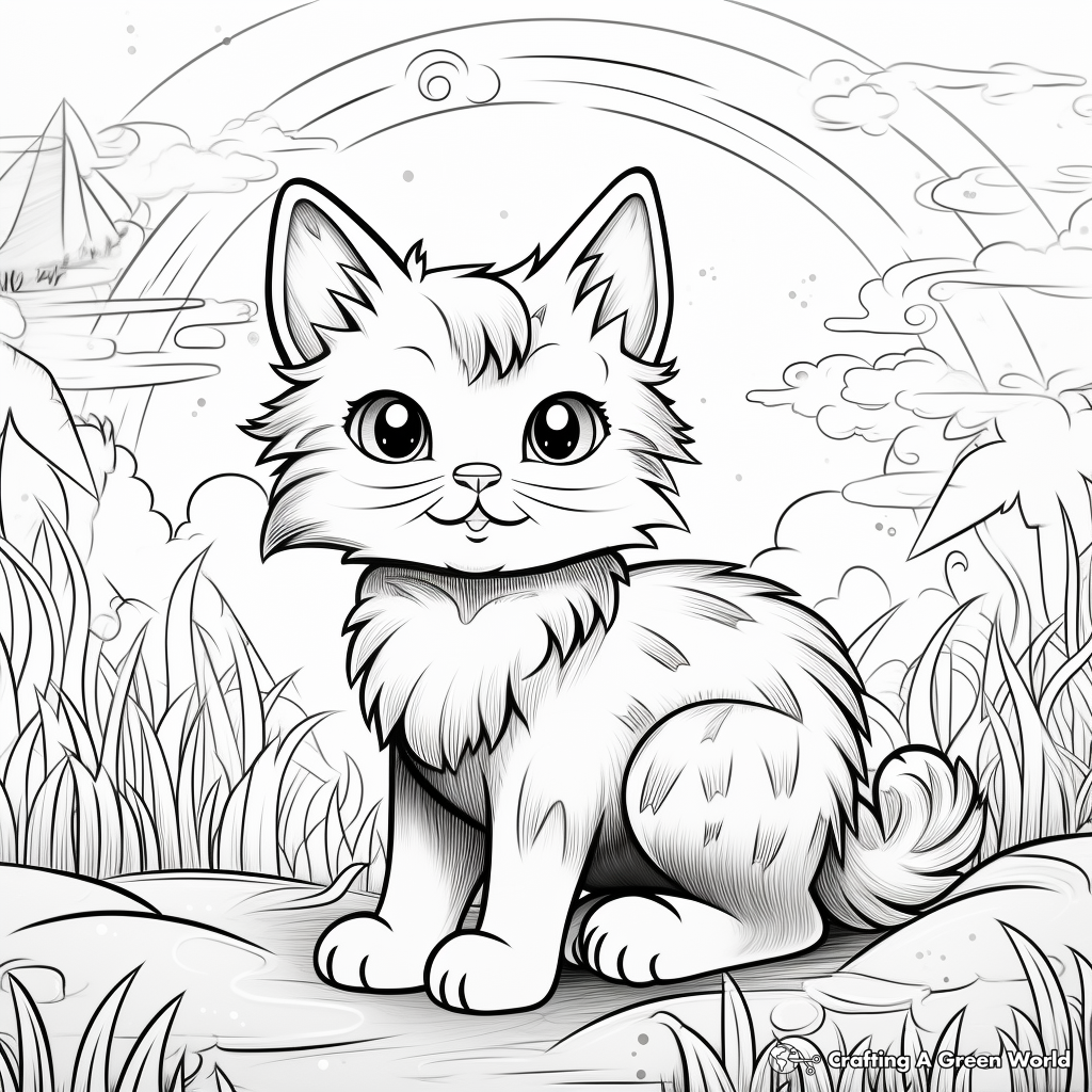 Detailed Cat and Rainbow Scene Coloring Pages for Adults 4