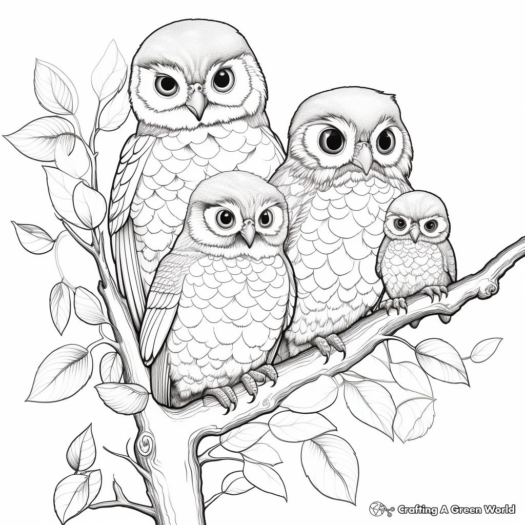 Detailed Coloring Pages Pygmy Owl Family for Advanced Colorists 1
