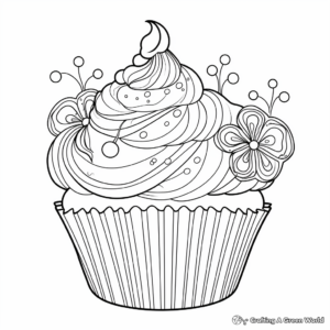 Detailed Designer Cupcake Coloring Pages for Adults 3