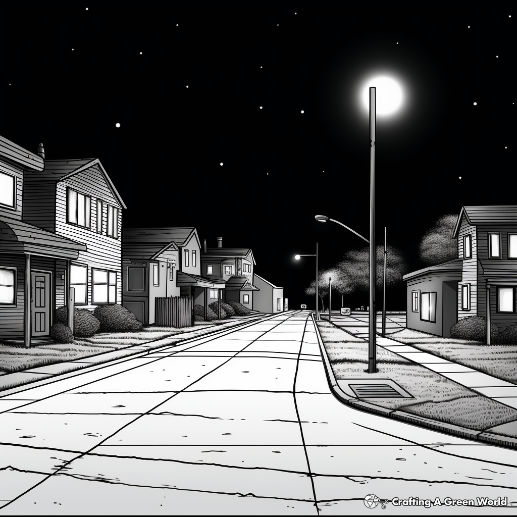 Detailed Empty Street at Night Coloring Pages 1