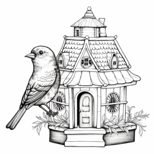 Detailed Finch in Bird Cage Coloring Pages for Adults 1