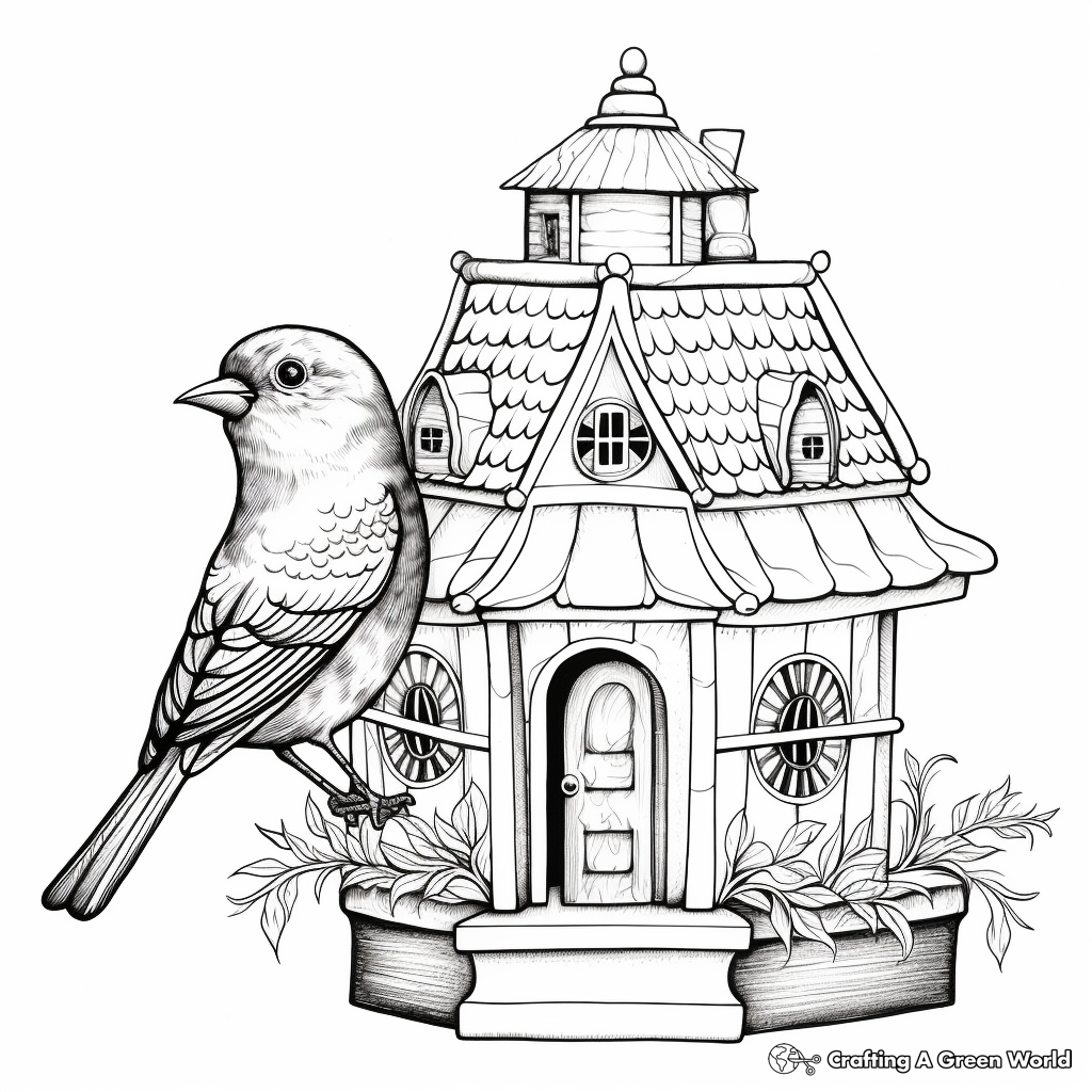 Detailed Finch in Bird Cage Coloring Pages for Adults 1