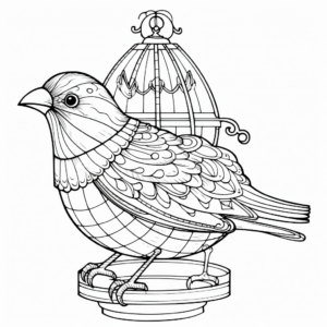 Detailed Finch in Bird Cage Coloring Pages for Adults 2