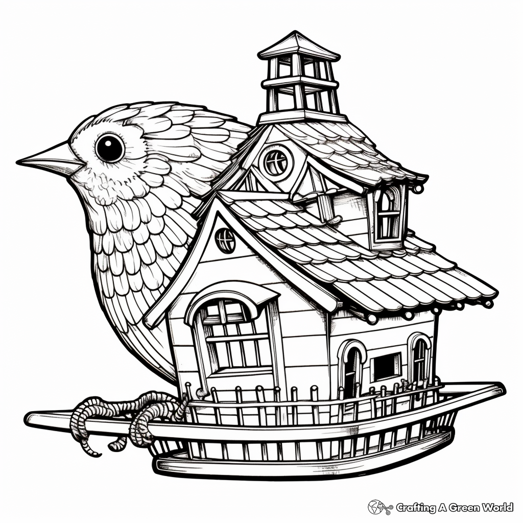 Detailed Finch in Bird Cage Coloring Pages for Adults 3
