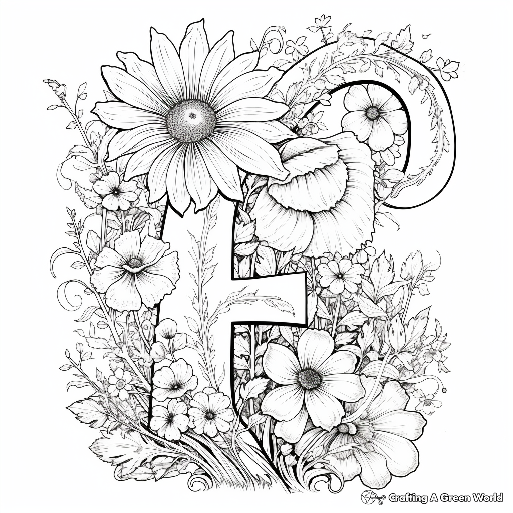 Detailed Floral Alphabet Coloring Pages for Adults 2