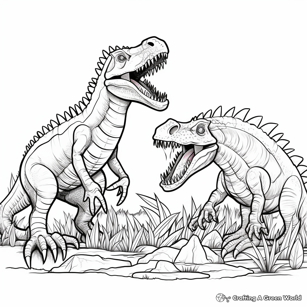 Detailed Fossil Spinosaurus vs T-Rex coloring pages for Adults 2