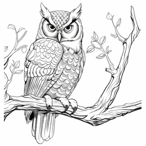 Detailed Great Horned Owl Perching Coloring Pages 1