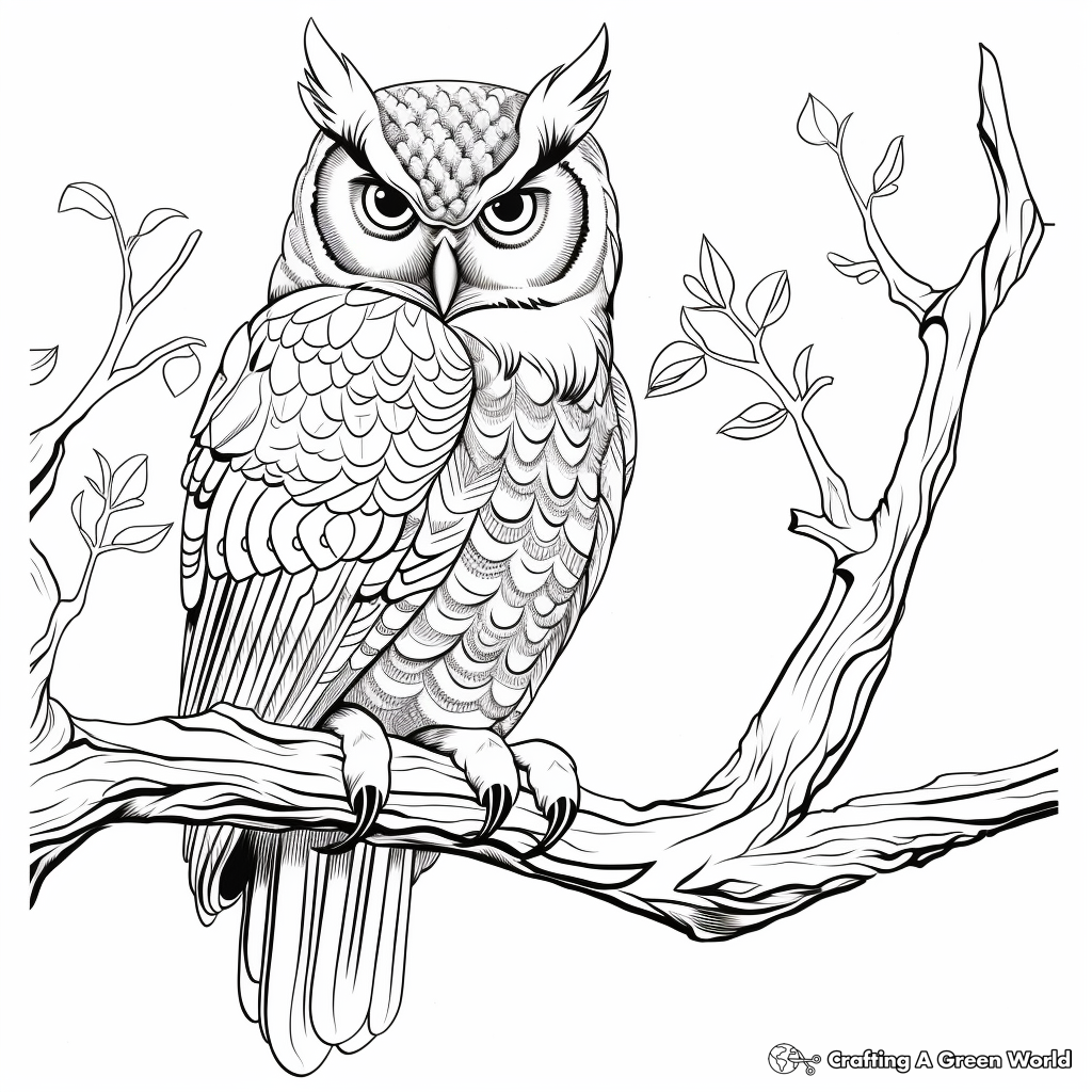 Detailed Great Horned Owl Perching Coloring Pages 1