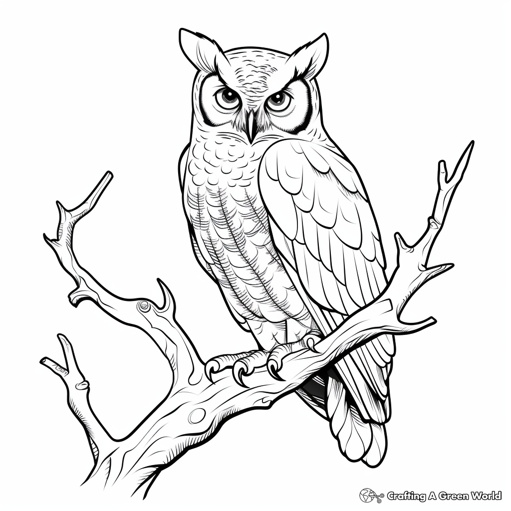 Detailed Great Horned Owl Perching Coloring Pages 3