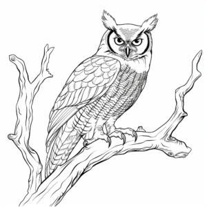 Detailed Great Horned Owl Perching Coloring Pages 4