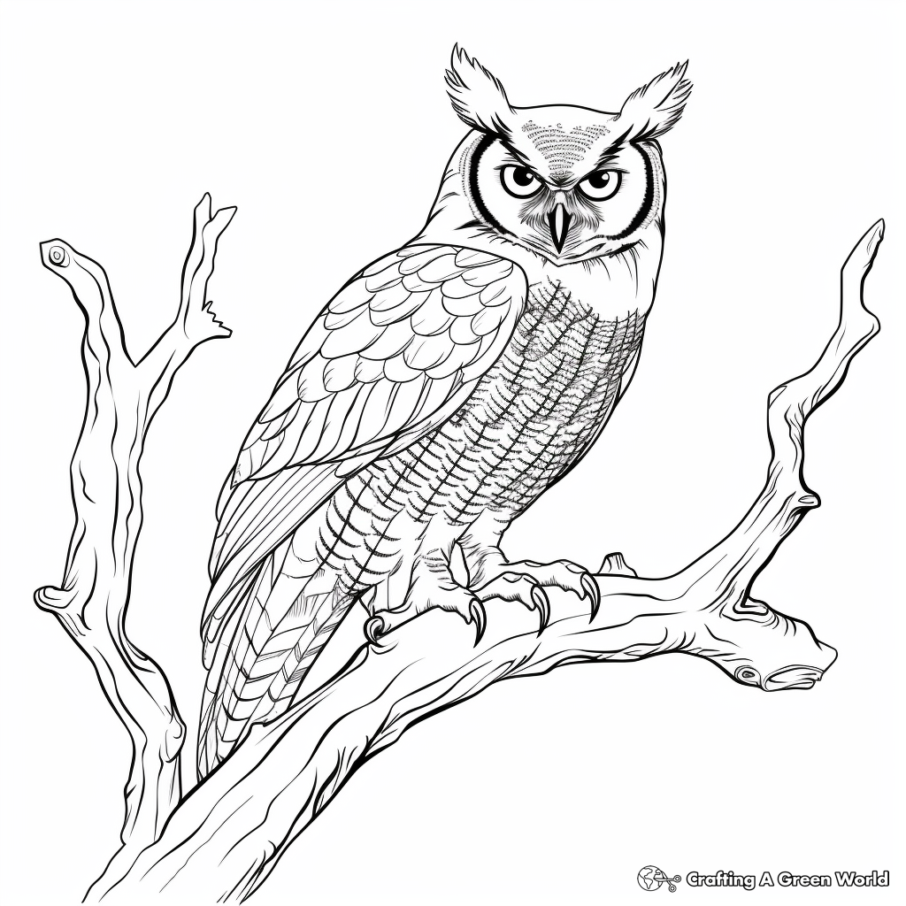 Detailed Great Horned Owl Perching Coloring Pages 4