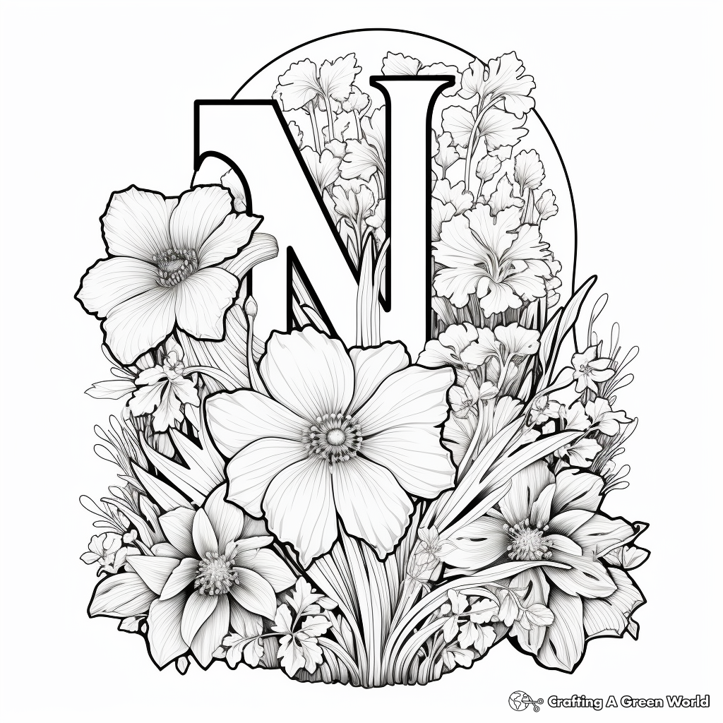 Detailed Letter N with Nature Elements Coloring Pages 1