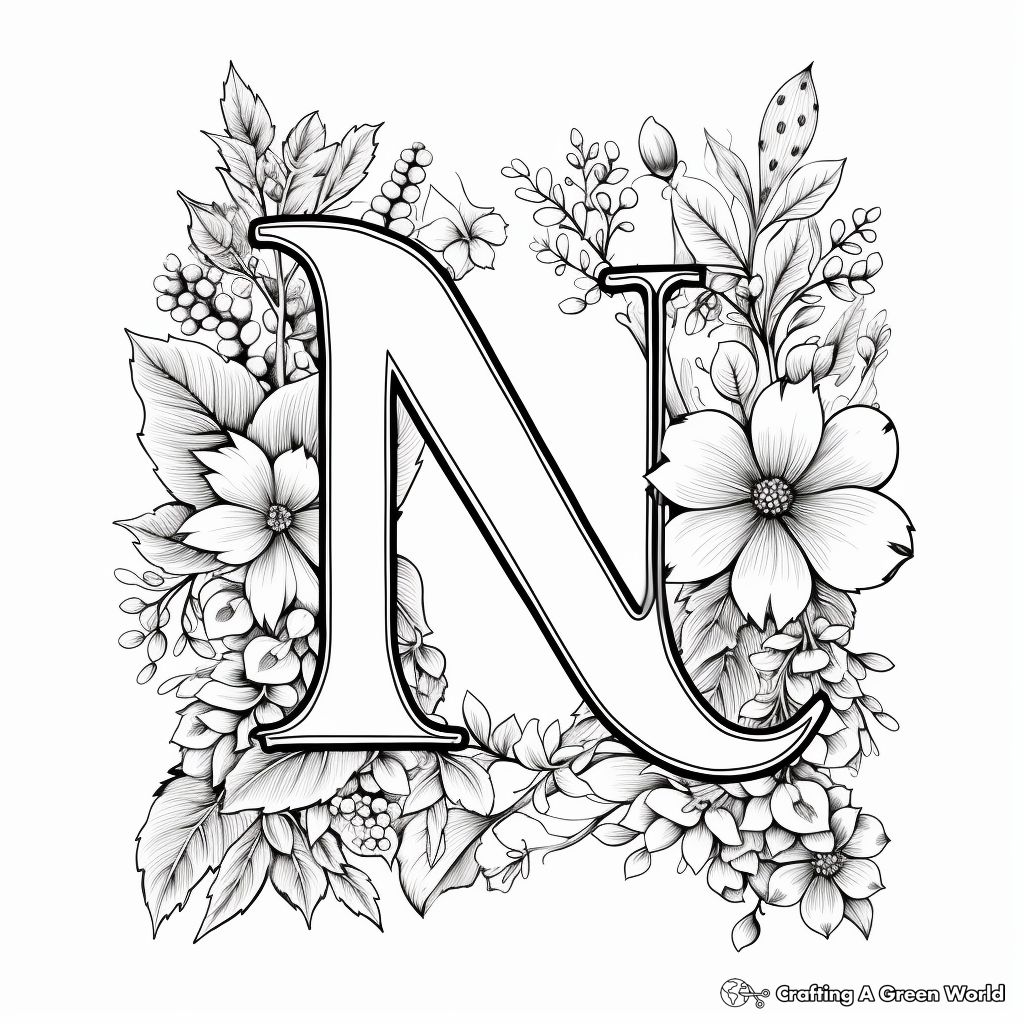 Detailed Letter N with Nature Elements Coloring Pages 2