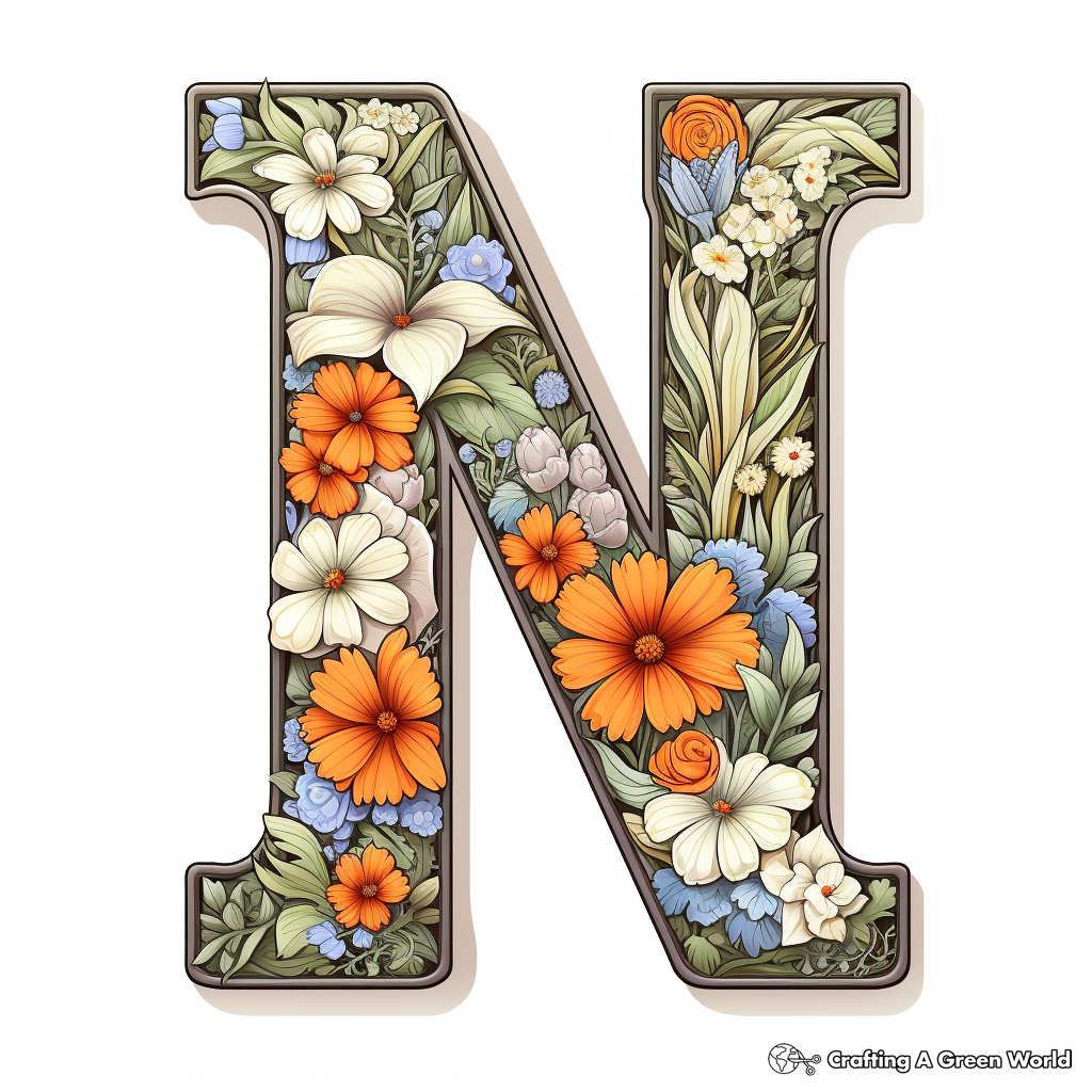 Detailed Letter N with Nature Elements Coloring Pages 4