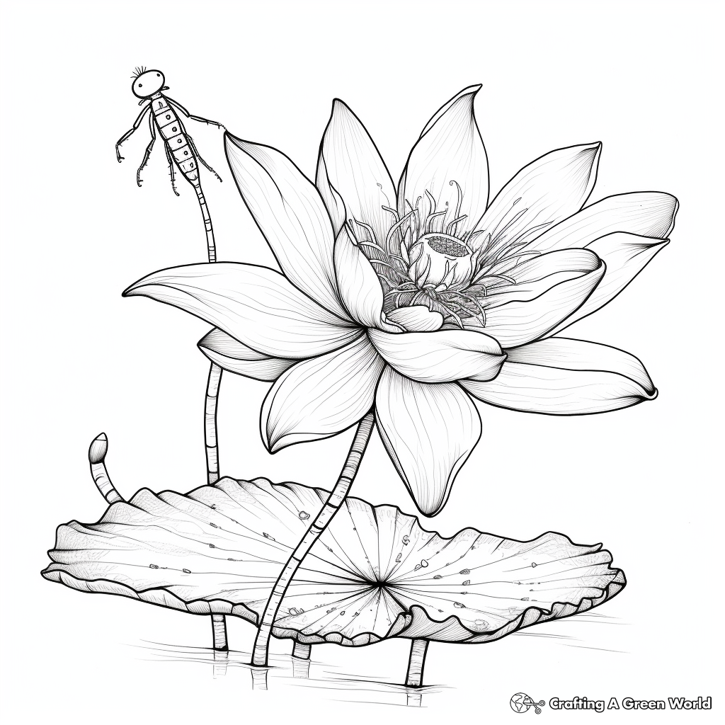 Detailed Lotus with Dragonfly Coloring Pages 2