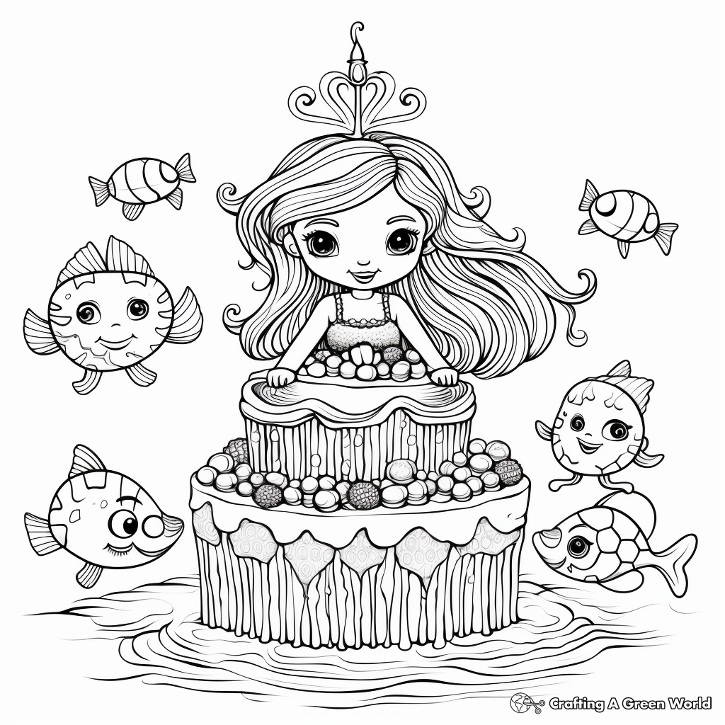 Detailed Mermaid and Friends Cake Coloring Pages for Adults 2