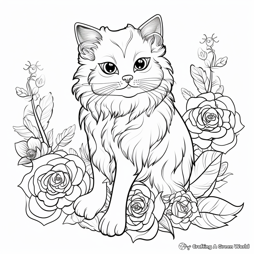Detailed Ragdoll Cats and Peony Flowers Coloring Pages 1