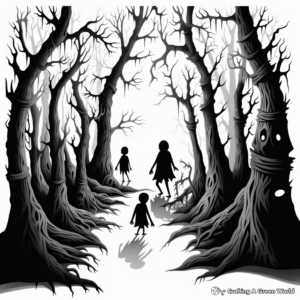 Detailed Shadowy Forest Coloring Pages for Adults 1