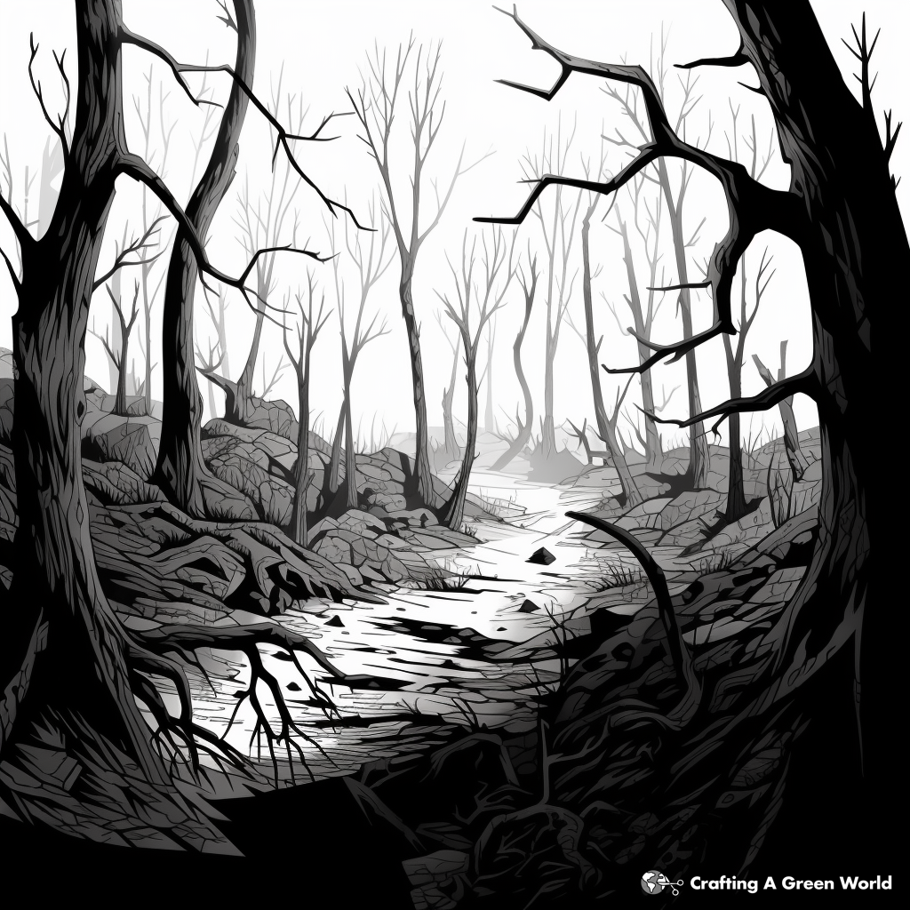 Detailed Shadowy Forest Coloring Pages for Adults 4