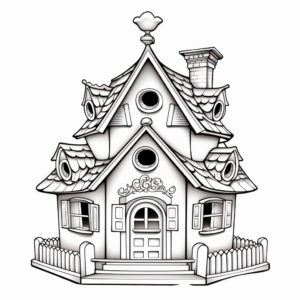 Detailed Victorian Bird House Coloring Pages for Adults 3