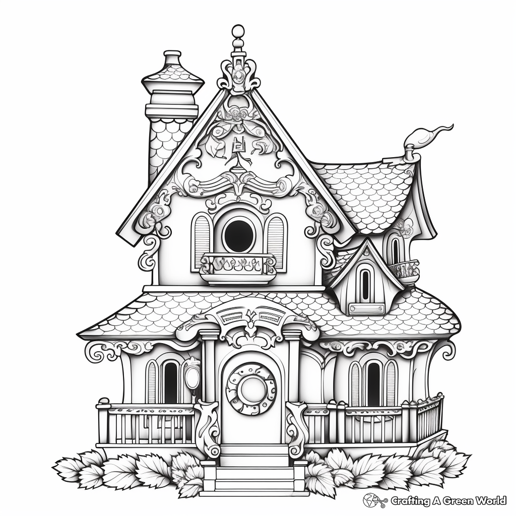 Detailed Victorian Bird House Coloring Pages for Adults 4