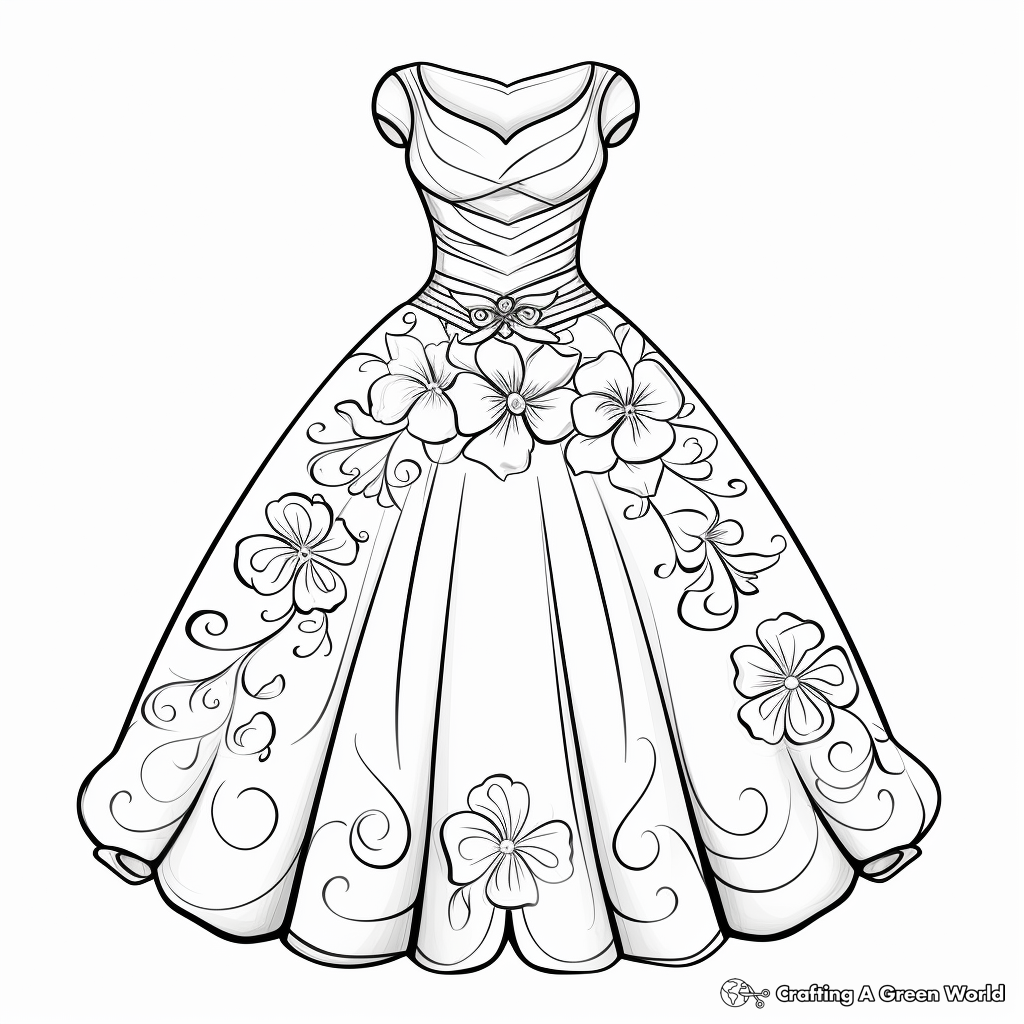 Detailed Wedding Dress Coloring Pages for Adults 1