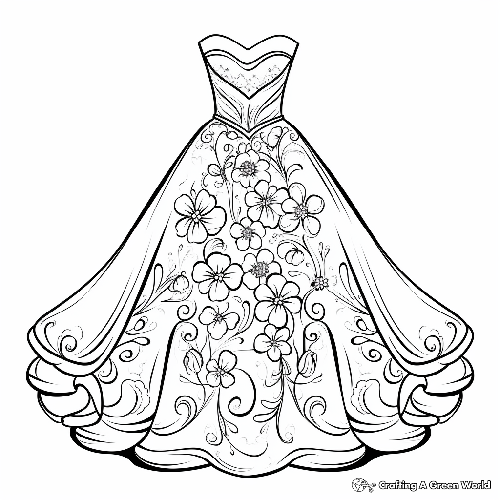 Detailed Wedding Dress Coloring Pages for Adults 4