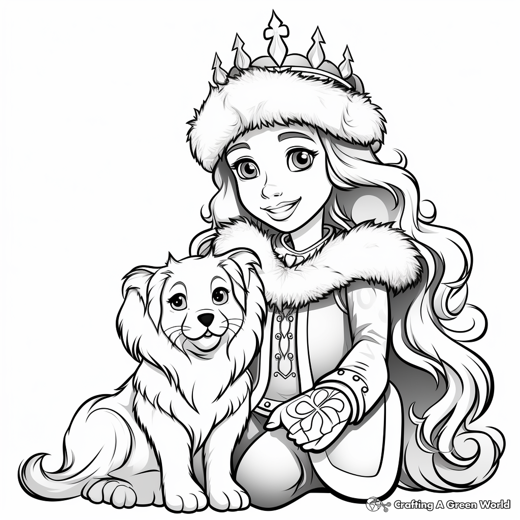 Detailed Winter Princess with Pets Coloring Pages for Adults 2