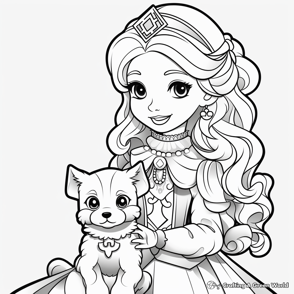 Detailed Winter Princess with Pets Coloring Pages for Adults 3
