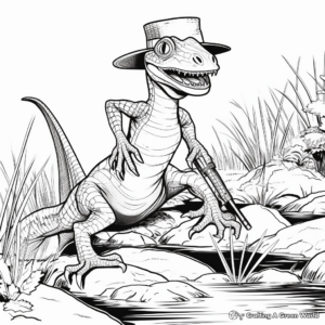 Dilophosaurus in Action: Hunting Scene Coloring Pages 2