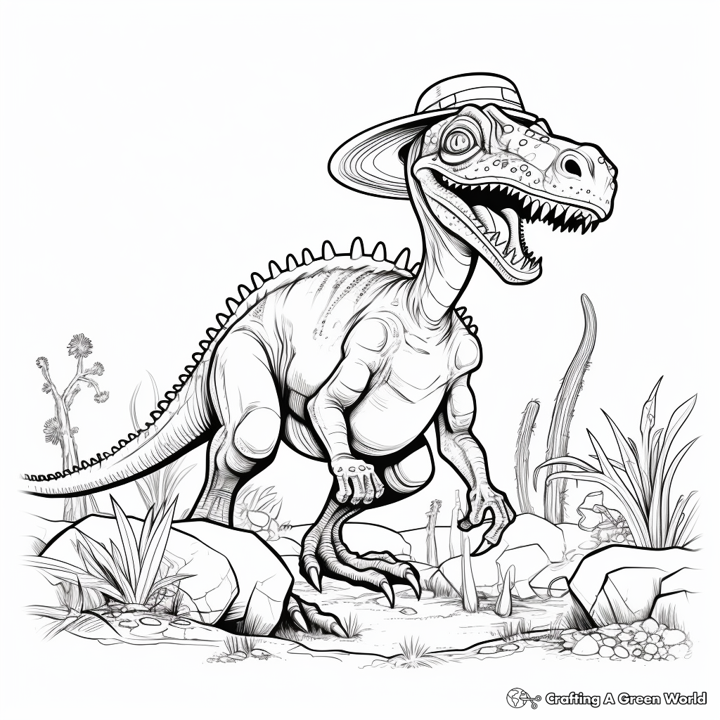 Dilophosaurus in Action: Hunting Scene Coloring Pages 4