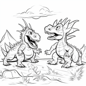 Dinosaur Battle Scene: T-Rex vs. Triceratops Coloring Pages 1