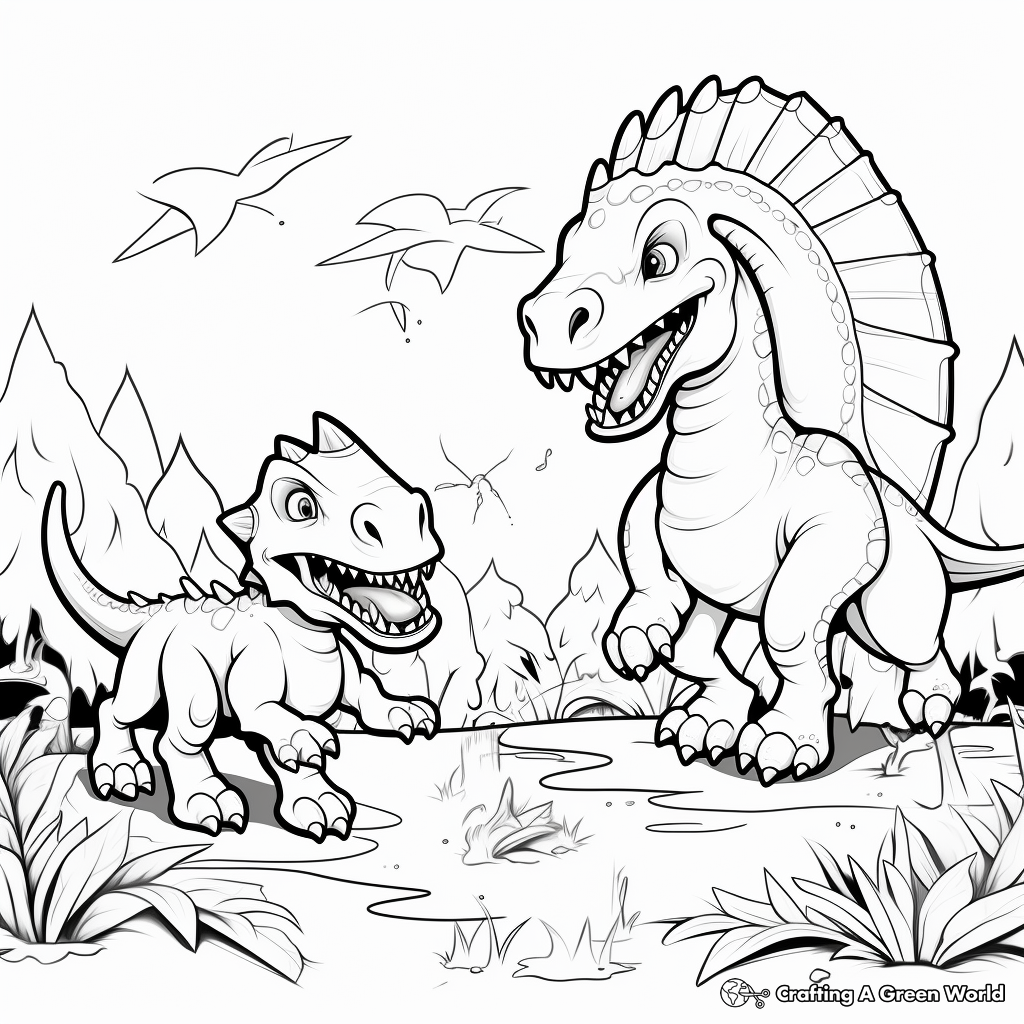 Dinosaur Battle Scene: T-Rex vs. Triceratops Coloring Pages 3