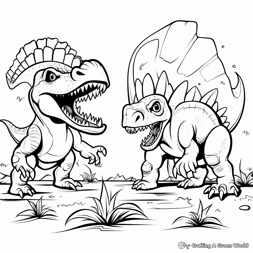 Dinosaur Battle: Tyrannosaurus vs. Triceratops Coloring Pages 1