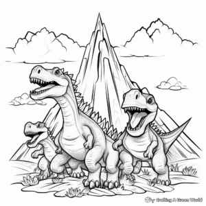 Dinosaur Family Escaping a Volcano Coloring Sheets 1