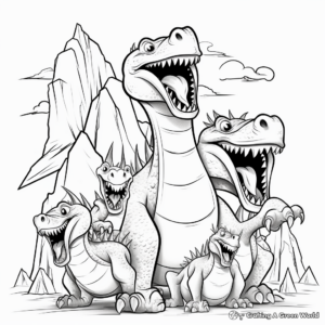 Dinosaur Family Escaping a Volcano Coloring Sheets 2
